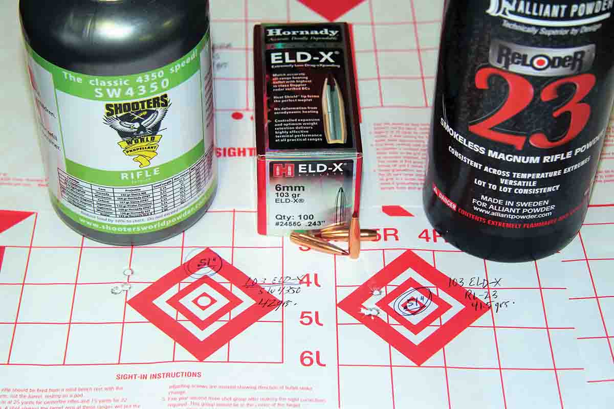 The two best groups with Hornady’s 103-grain ELD-X both measured .51 inch center-to-center, using 42 grains of Shooters World 4350 at 2,651 fps, and 41.5 grains of Alliant Reloder 23 at 2,625 fps.